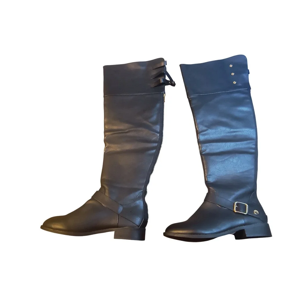 Black Over the Knee‎ Boots Size 9 Women's Faux Leather Zip Up Riding Fashion